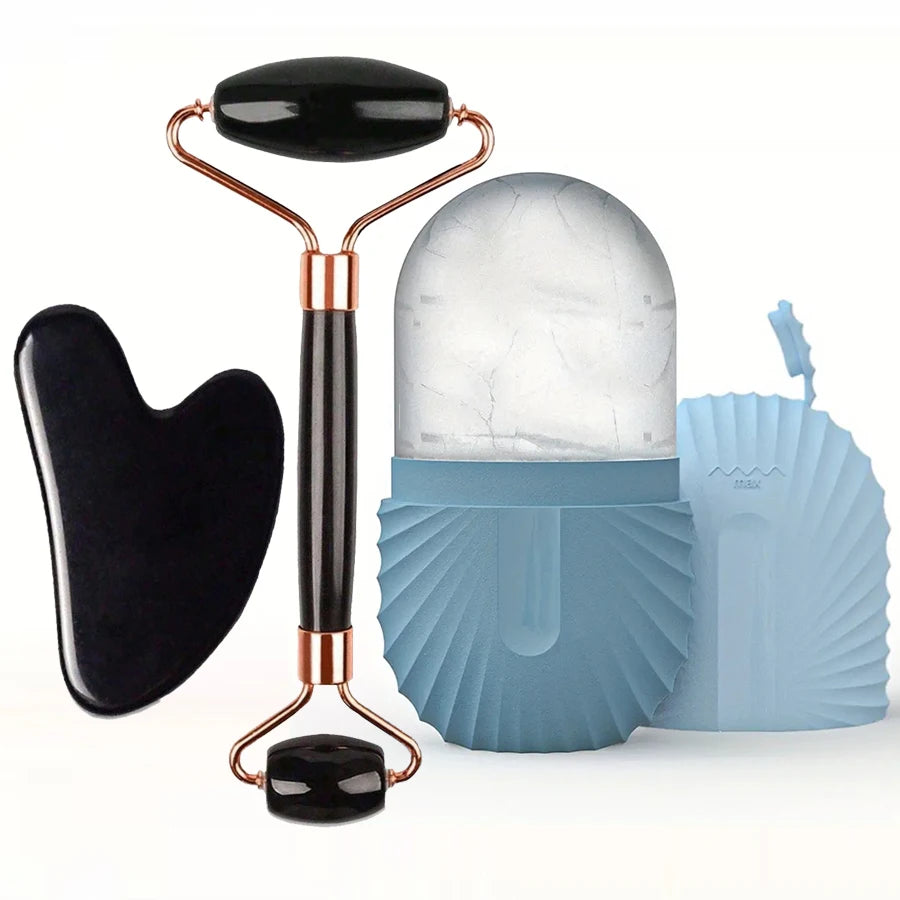 Ice Facial Roller & Stainless Steel Gua Sha Tool Set, for Radiant Skin