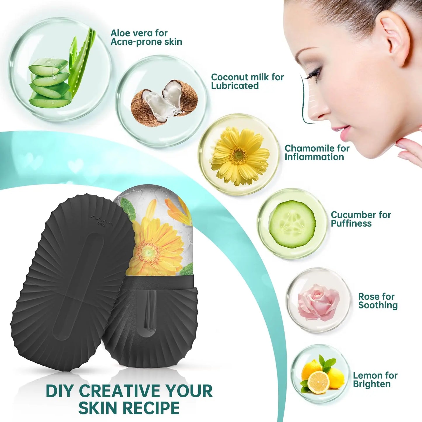 Ice Facial Roller & Stainless Steel Gua Sha Tool Set, for Radiant Skin