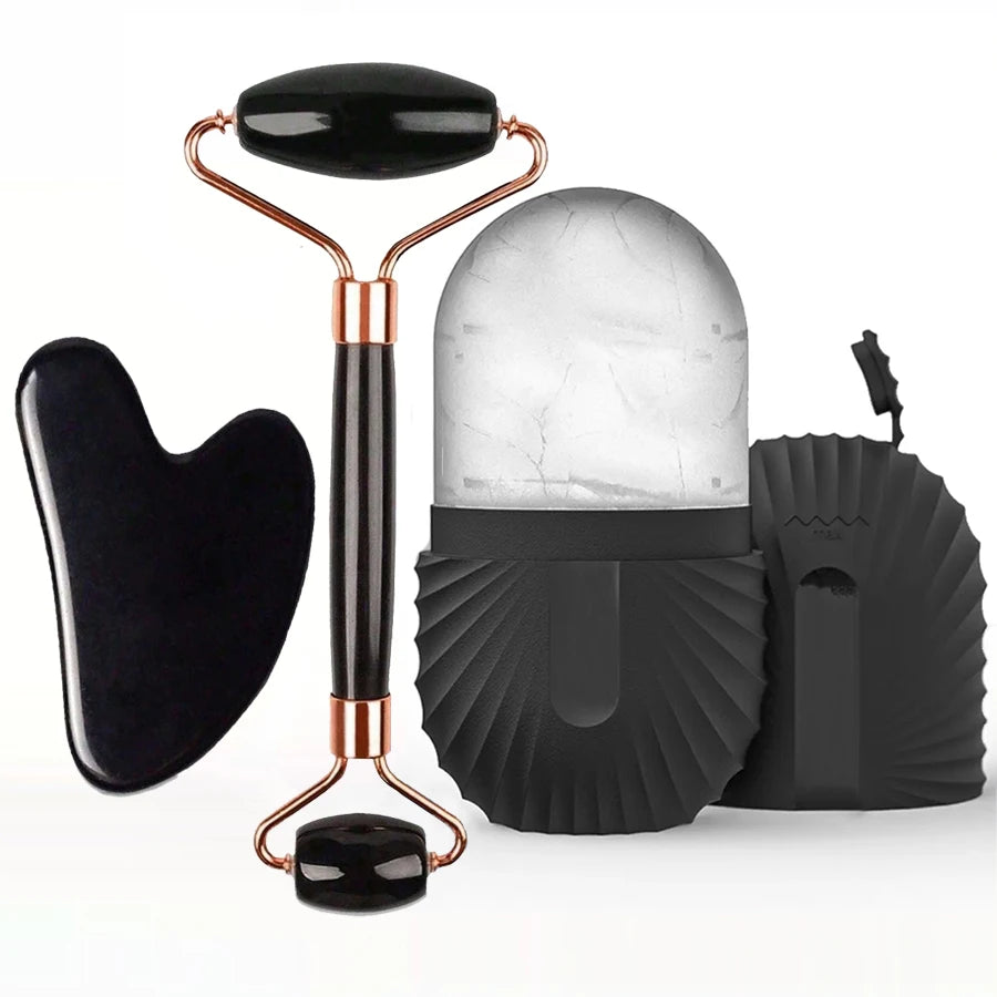 Ice Facial Roller & Stainless Steel Gua Sha Tool Set, for Radiant Skin