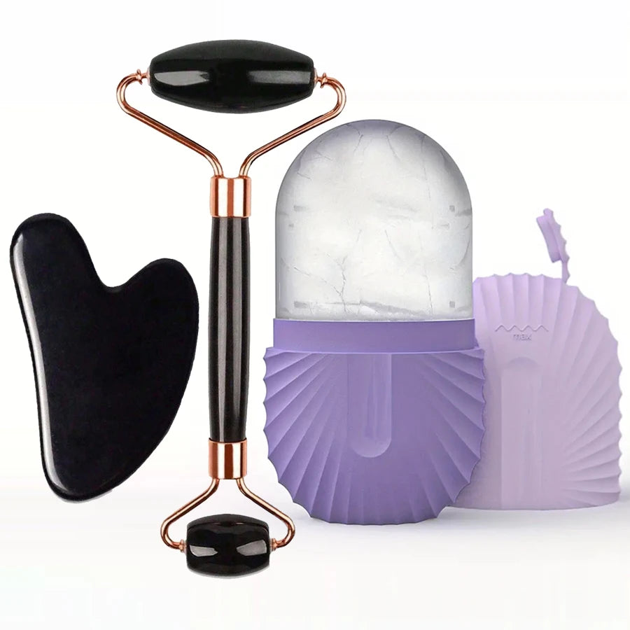 Ice Facial Roller & Stainless Steel Gua Sha Tool Set, for Radiant Skin