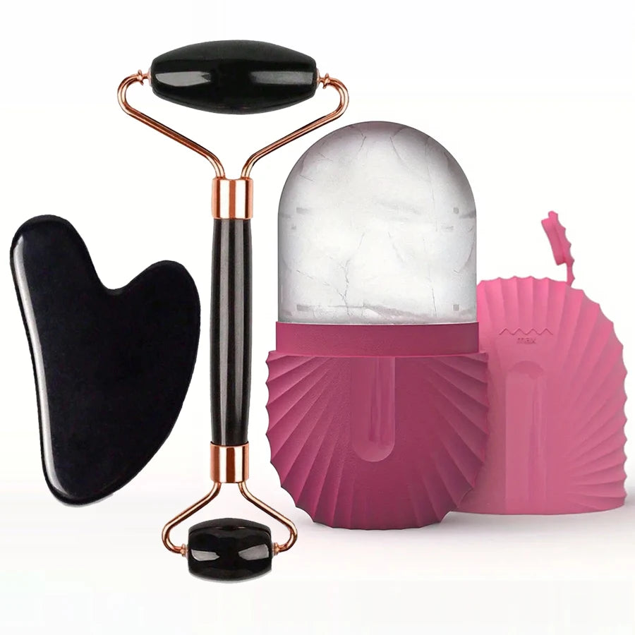 Ice Facial Roller & Stainless Steel Gua Sha Tool Set, for Radiant Skin